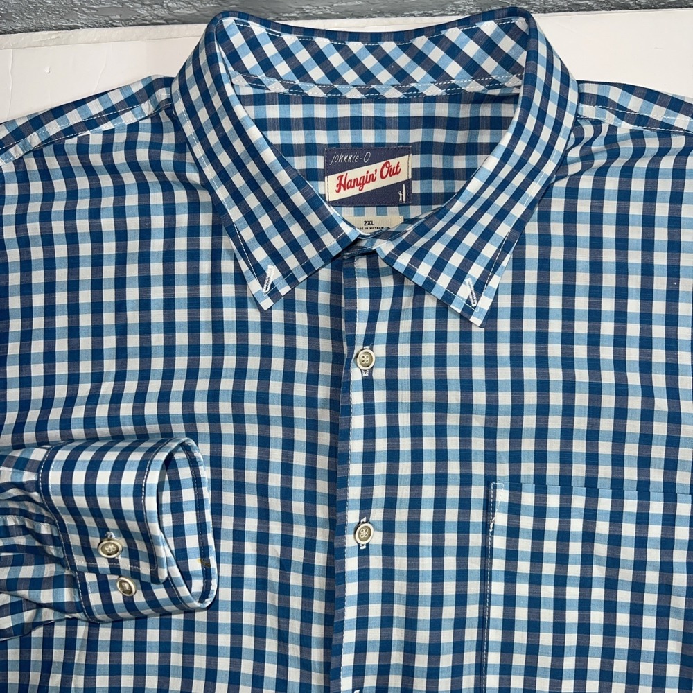 Johnnie O Hangin Out Mens Button Up Shirt 2XL Blue Check Long Sleeve